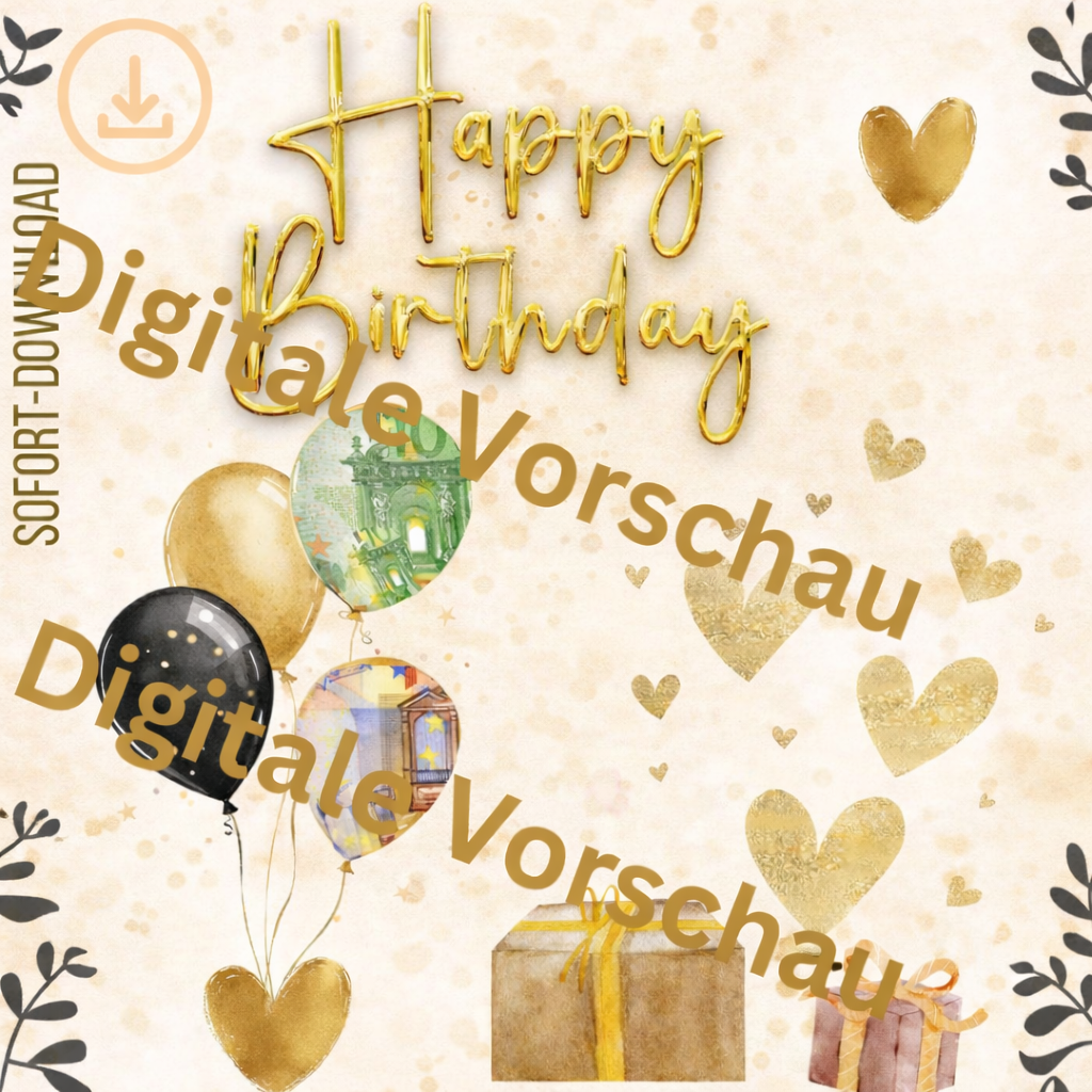 Digitale Geburtstagskarte als Geldgeschenk mit ausschneidbaren Luftballons im A4 Format