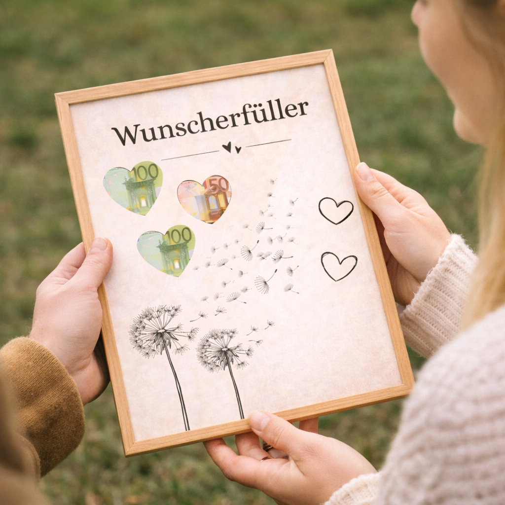 Kreatives Geldgeschenk Hochzeit und Geburtstag mit Herz Vorlage bei persönlicher Übergabe im Holzrahmen