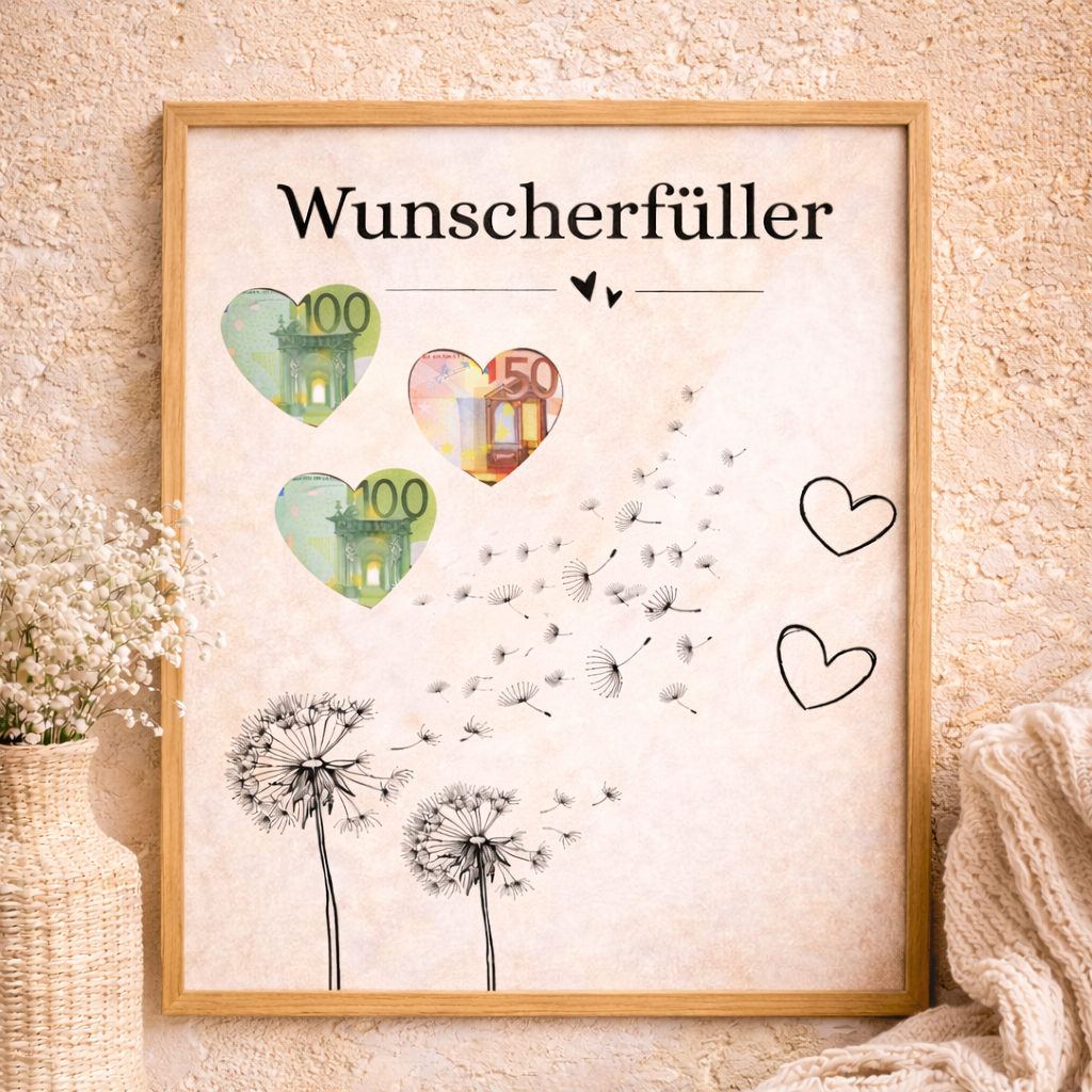 Geldgeschenk Hochzeit und Geburtstag als Herz Vorlage zum Ausschneiden im A4 Holzrahmen PDF Download