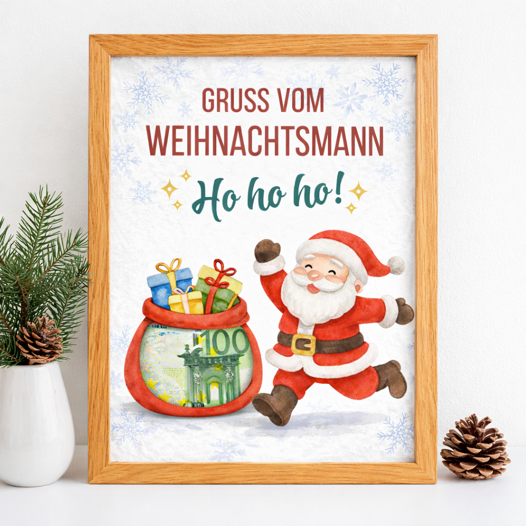Digitales Geldgeschenk zu Weihnachten mit Weihnachtsmann und Geschenkesack im A4 Holzrahmen – Vorlage zum Ausdrucken für Geldscheine