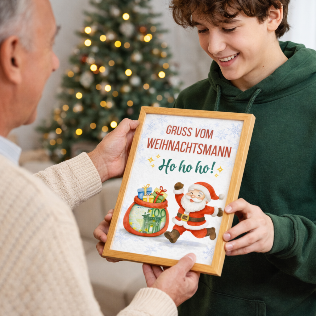 Person hält ein Weihnachtsgeldgeschenk im Rahmen mit Weihnachtsmann Motiv – kreative Geldgeschenk Idee zu Weihnachten