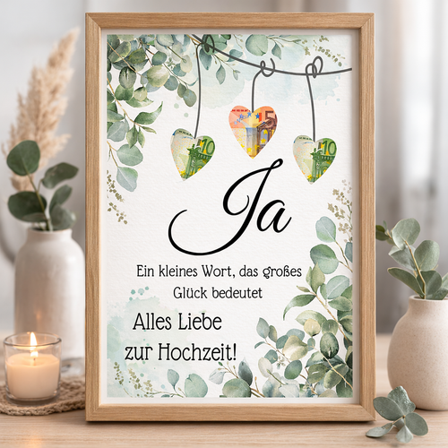 Digitales Geldgeschenk Hochzeit Ja Vorlage im A4 Rahmen mit ausgeschnittenen Herzen für Geldscheine