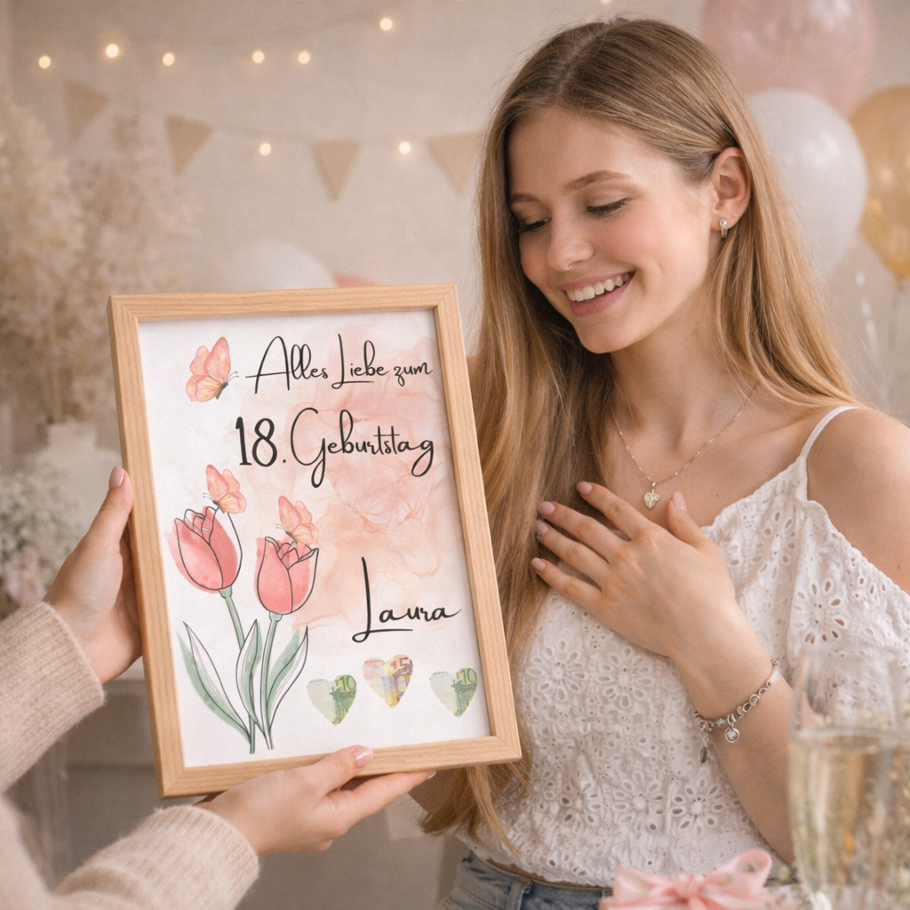 Frau hält personalisierte Geburtstagskarte als Geldgeschenk mit Name und Alter – emotionales Geschenk zum Geburtstag