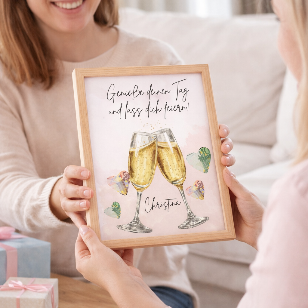 Übergabe eines personalisierten Geldgeschenks zum Geburtstag mit Champagner Motiv