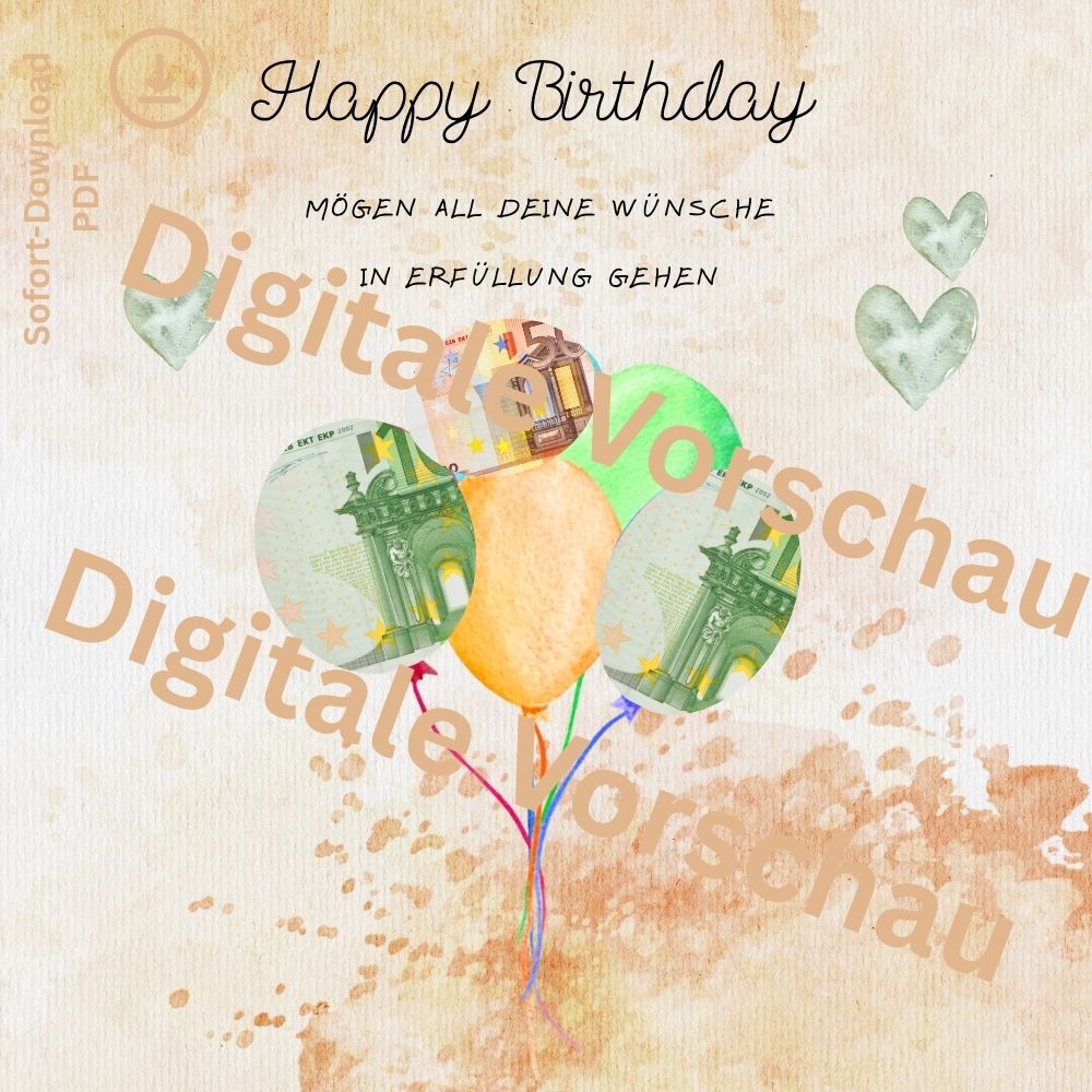 Vorschau Geldgeschenk Geburtstag mit bunten Ballons im Aquarell Design