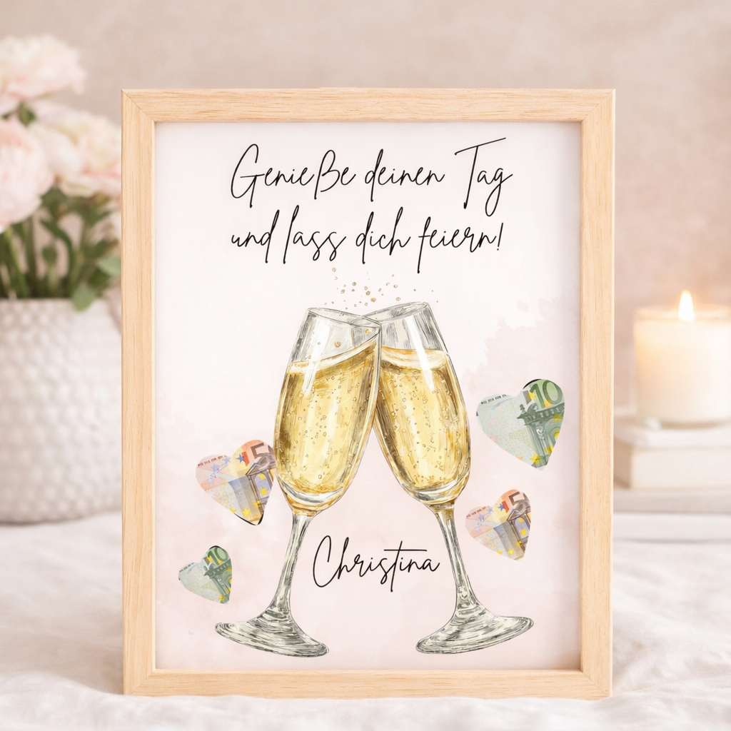 Geldgeschenk Geburtstag mit Champagnergläsern personalisiert mit Namen als kreative Geschenkidee