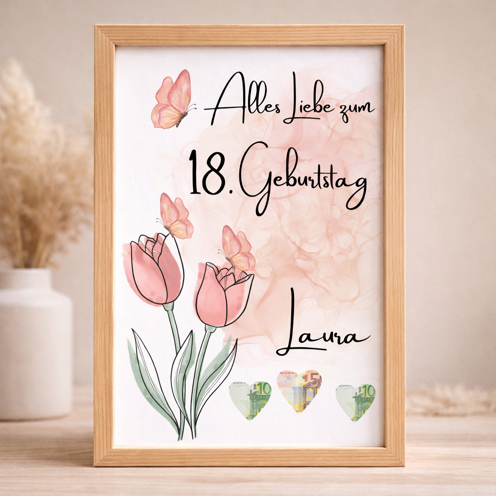 Personalisiertes Geldgeschenk zum Geburtstag als A4 PDF mit Blumenmotiv, Name und Alter, stilvoll im Holzrahmen präsentiert