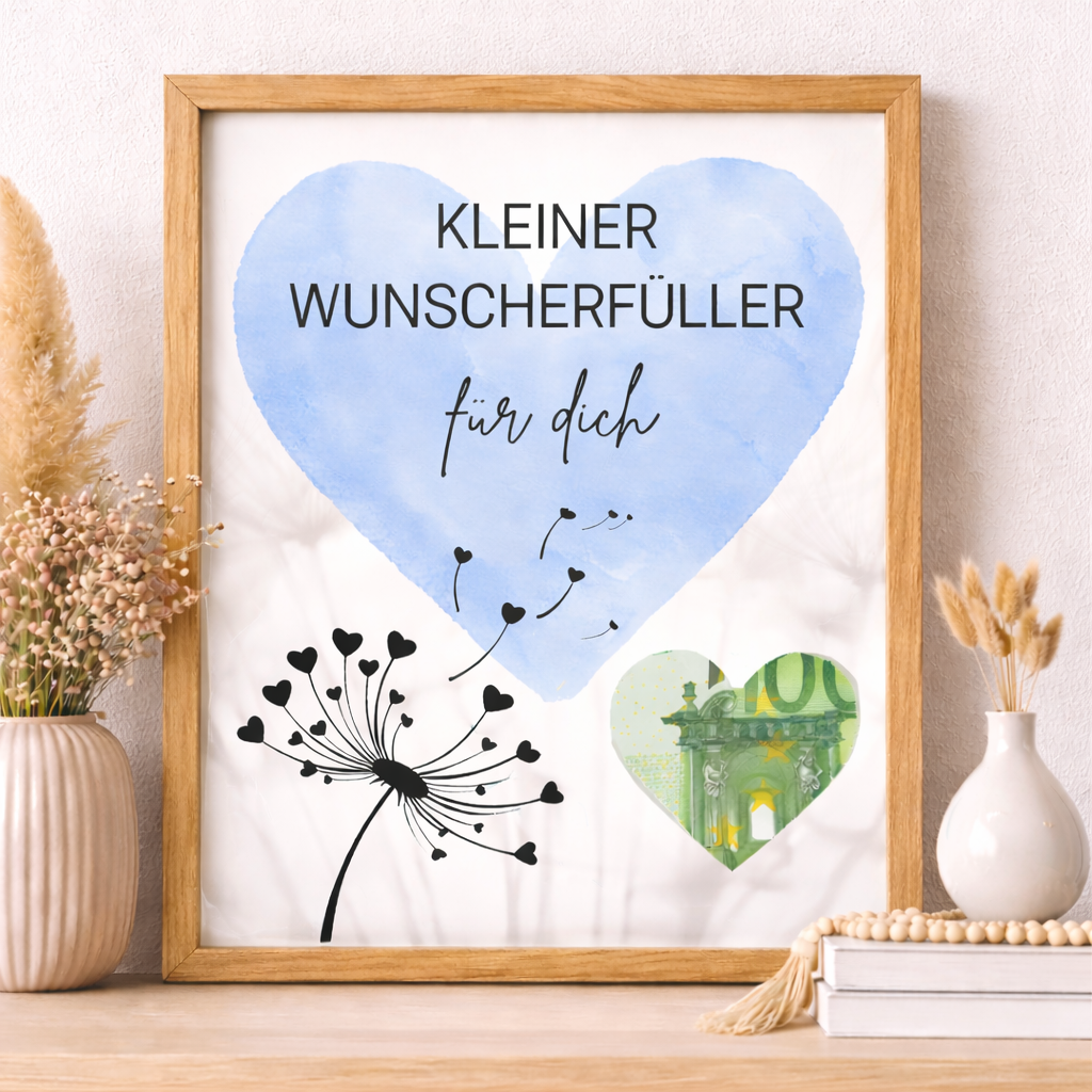 Digitales Geldgeschenk Herz „Kleiner Wunscherfüller für dich“ im A4 Holzrahmen mit Geldschein im Herz