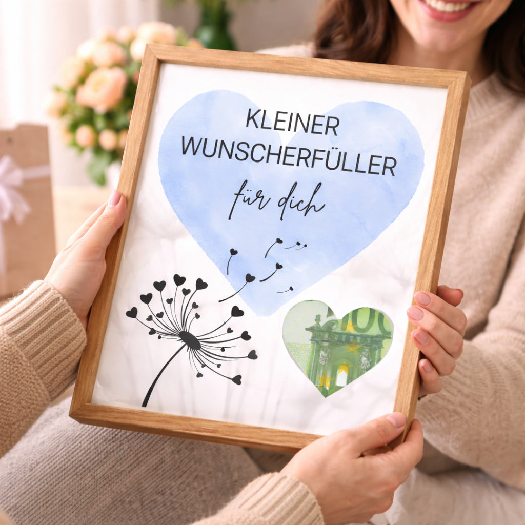 Geldgeschenk im Holzrahmen wird überreicht – Kleiner Wunscherfüller mit Herzmotiv