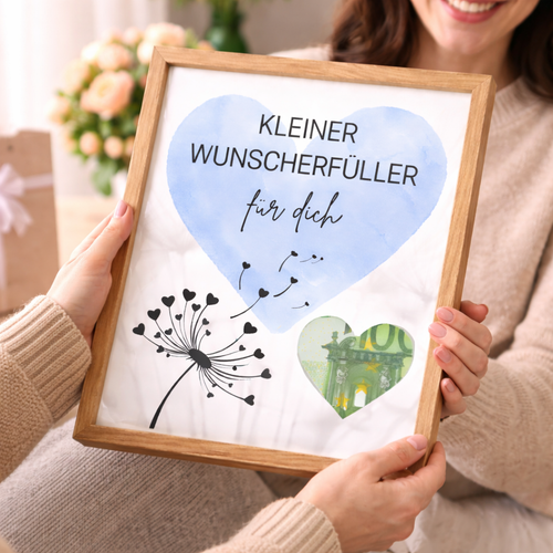 Geldgeschenk im Holzrahmen wird überreicht – Kleiner Wunscherfüller mit Herzmotiv
