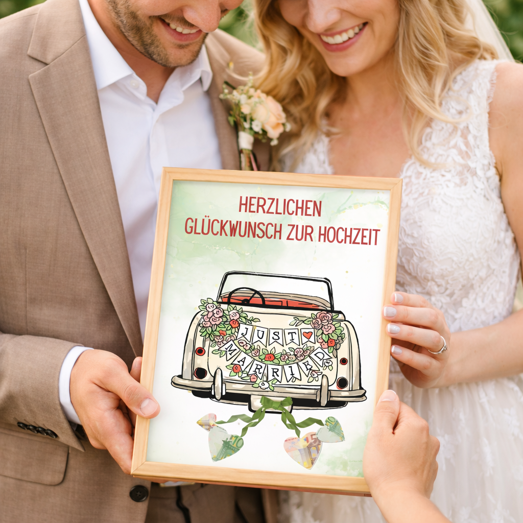 Geldgeschenk Hochzeit im Holzrahmen – Übergabe an Brautpaar