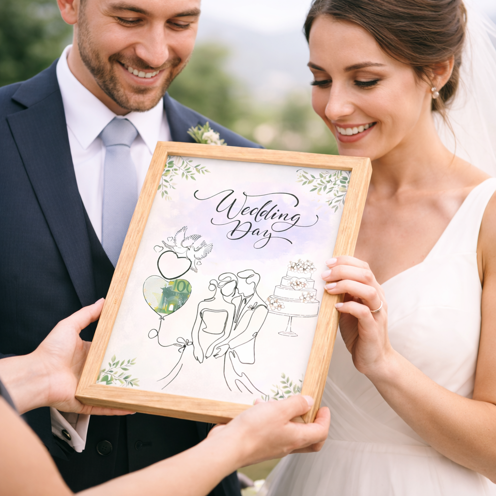 Hochzeit Geldgeschenk Vorlage wird an Brautpaar übergeben