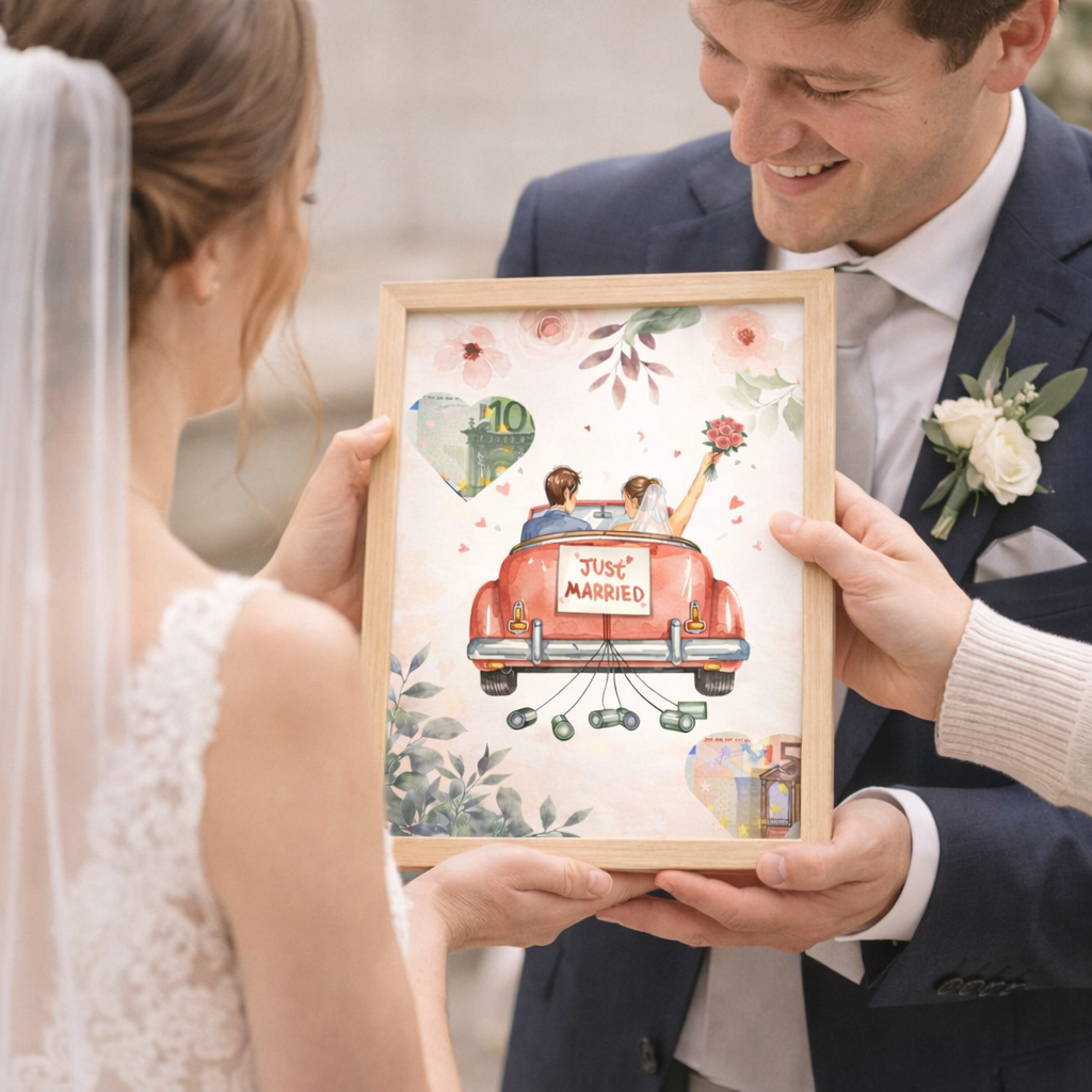 Geldgeschenk Hochzeit Vorlage wird an Brautpaar überreicht – Just Married Auto Geldgeschenk