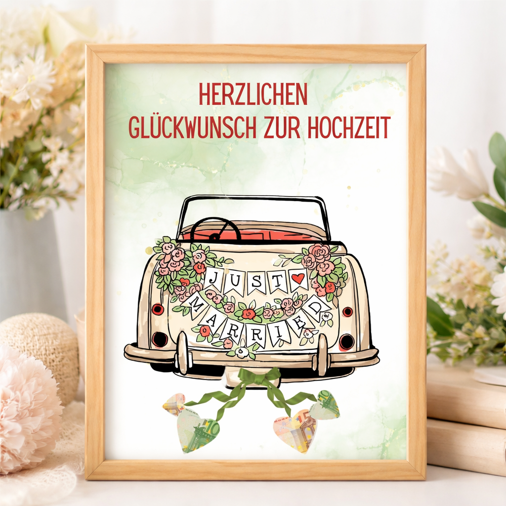 Geldgeschenk Hochzeit Auto Just Married – Hochzeitsgeschenk zum Ausdrucken A4 PDF