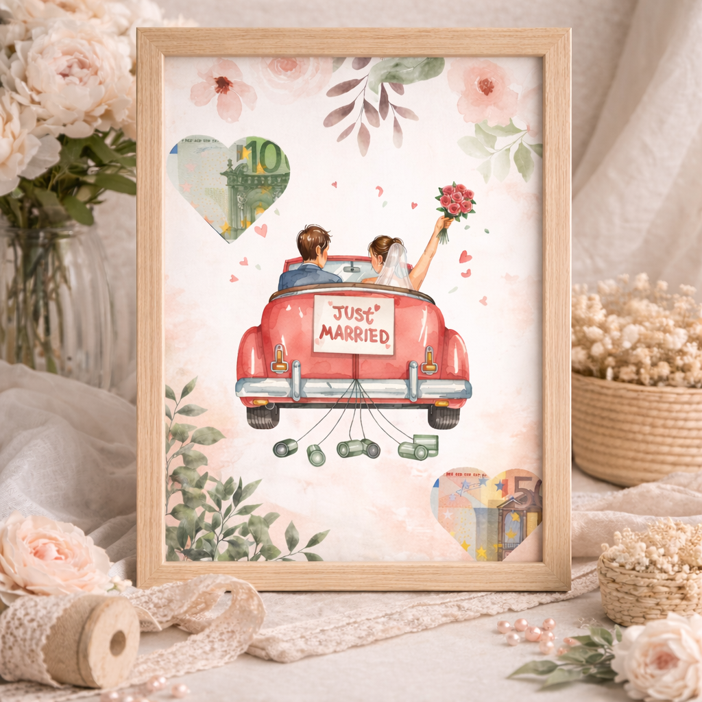 Geldgeschenk Hochzeit Auto Just Married Vorlage im Holzrahmen – kreatives Geldgeschenk für das Brautpaar