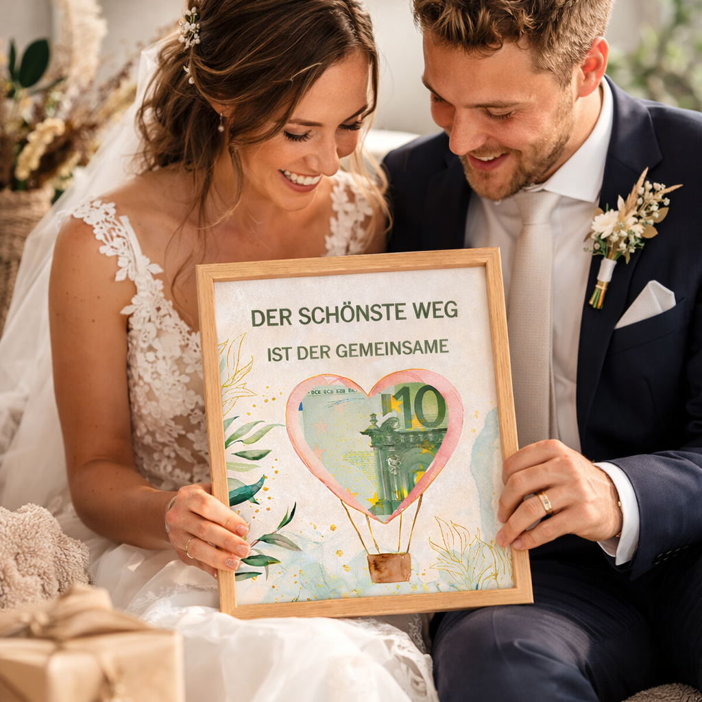 Übergabe eines Geldgeschenks zur Hochzeit mit Heißluftballon Motiv – kreatives Hochzeitsgeschenk zum Ausdrucken als A4 PDF Vorlage