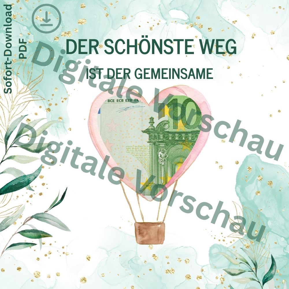 Detailansicht Geldgeschenk Hochzeit Heißluftballon mit Herzmotiv – kreative Hochzeitskarte zum Ausdrucken