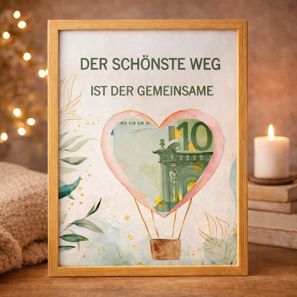 Geldgeschenk Hochzeit Heißluftballon im Holzrahmen – romantische A4 Download Vorlage für ein kreatives Hochzeitsgeschenk