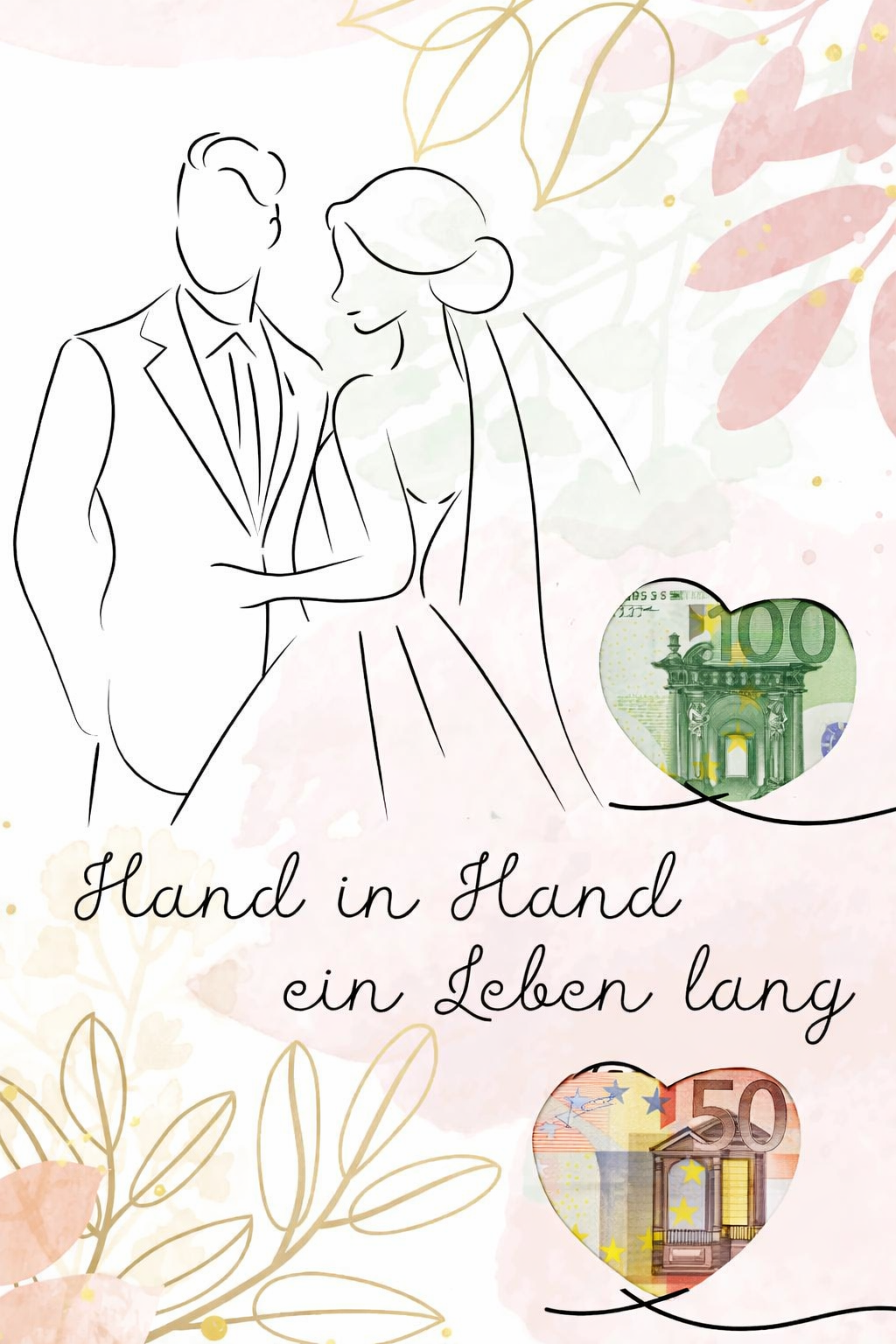 Vorlage Geldgeschenk Hochzeit als PDF Download zum Ausdrucken mit Herz Ausschnitten für Geldscheine