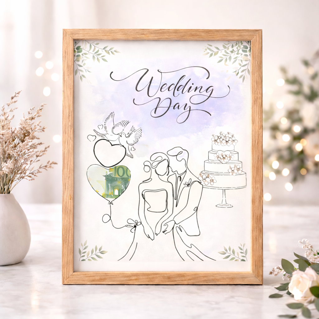 Geldgeschenk Hochzeit Vorlage Wedding Day im Holzrahmen A4