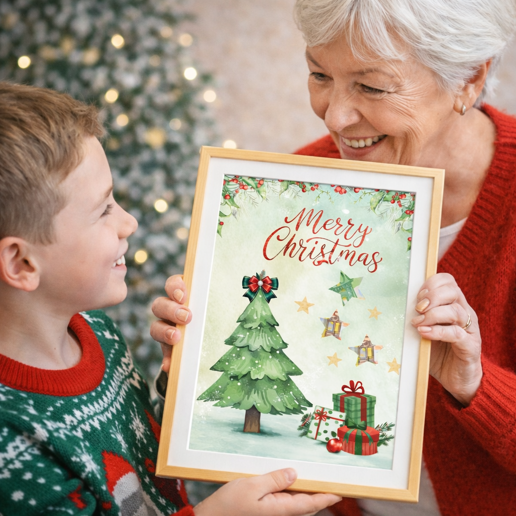 Oma übergibt ihrem Enkelkind ein Geldgeschenk zu Weihnachten im A4 Holzrahmen mit Merry Christmas Weihnachtsbaum Motiv