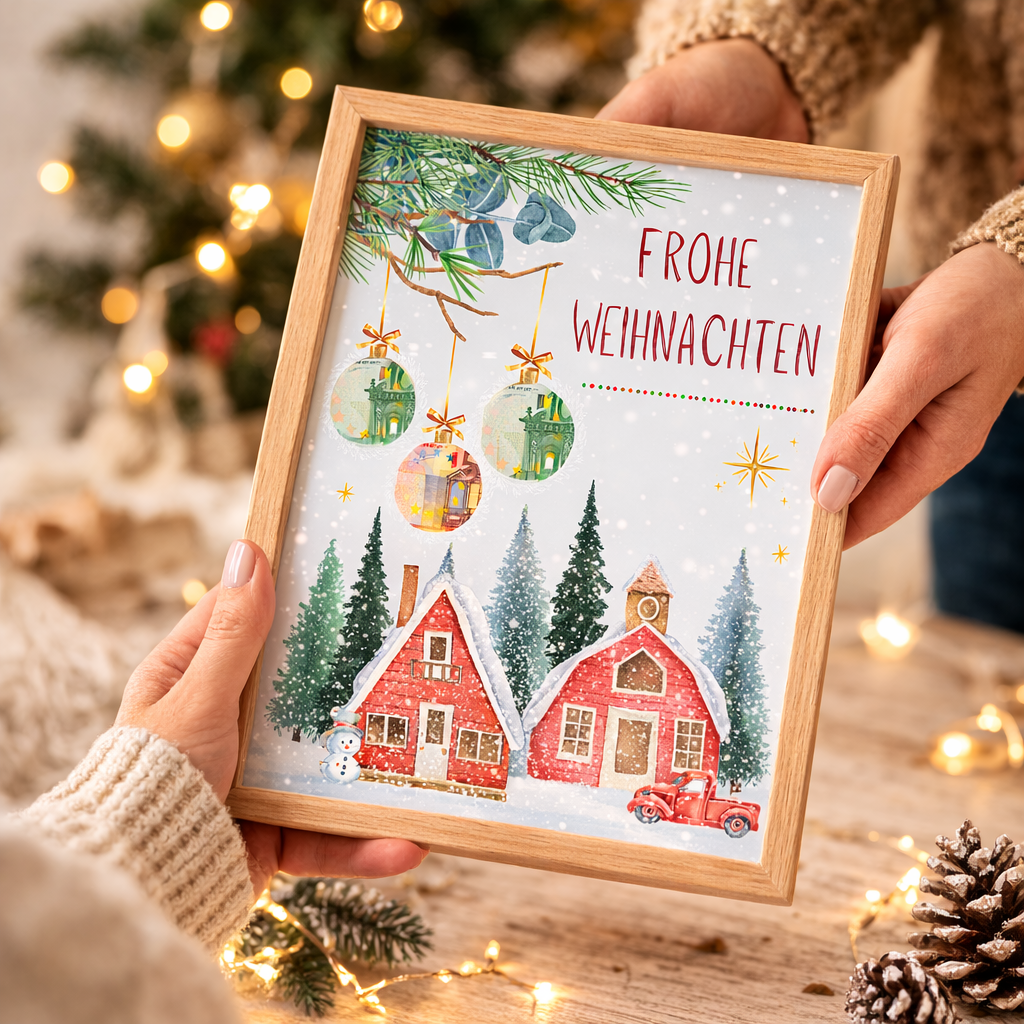 Übergabe eines Geldgeschenks zu Weihnachten – Frohe Weihnachten Geldgeschenk Vorlage im Holzrahmen