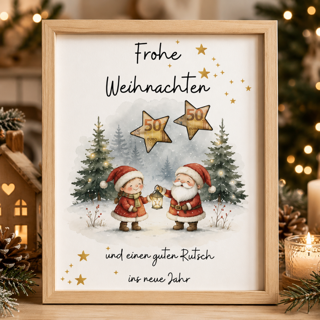 Geldgeschenkkarte zu Weihnachten zum Ausdrucken im A4-Holzbilderrahmen mit Geldscheinen hinter den Sternen als kreative Geschenkidee.