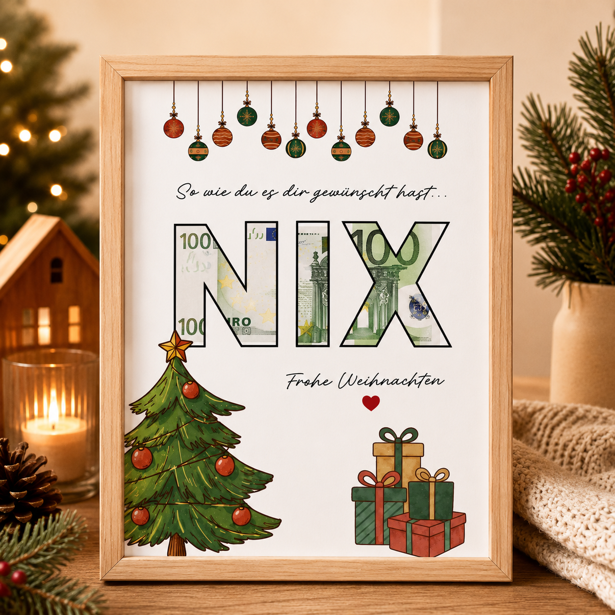 Person hält digitales Geldgeschenk zu Weihnachten im Holzbilderrahmen mit originellem NIX-Motiv und Geldschein im A4-PDF zum Ausdrucken.