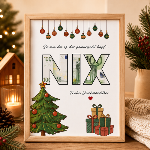 Person hält digitales Geldgeschenk zu Weihnachten im Holzbilderrahmen mit originellem NIX-Motiv und Geldschein im A4-PDF zum Ausdrucken.