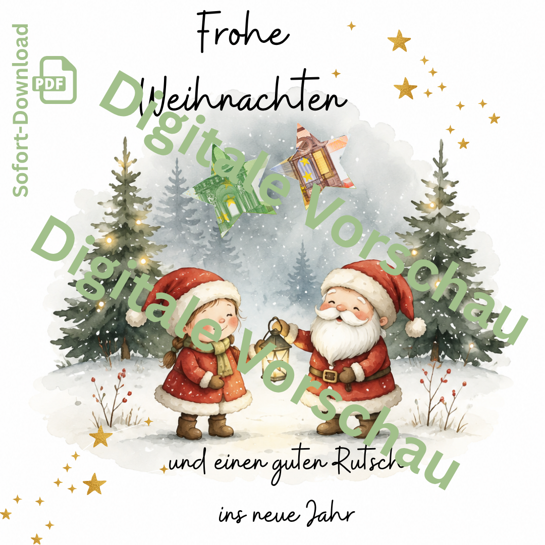 Weihnachtliche Geldgeschenkkarte als PDF zum Ausdrucken mit Weihnachtsmann, Mädchen und Stern-Ausschnitten für Geldscheine.