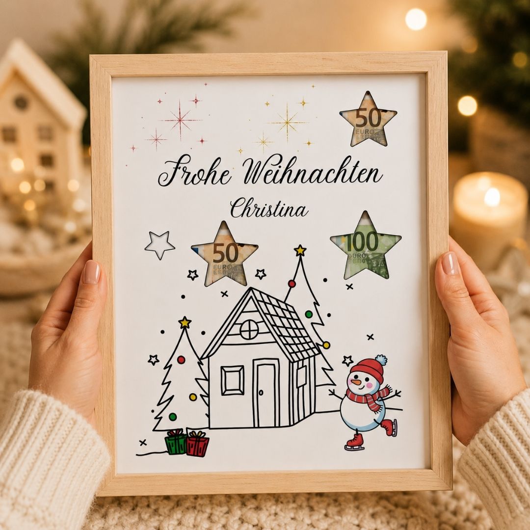Personalisiertes Geldgeschenk zu Weihnachten mit Schneemann und Wunschname im Bilderrahmen