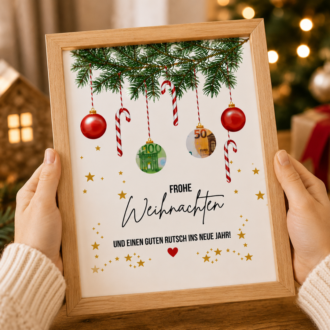 Digitales Geldgeschenk zu Weihnachten mit Weihnachtskugeln als PDF zum Ausdrucken im Holzbilderrahmen – originelles Last-Minute-Weihnachtsgeschenk.