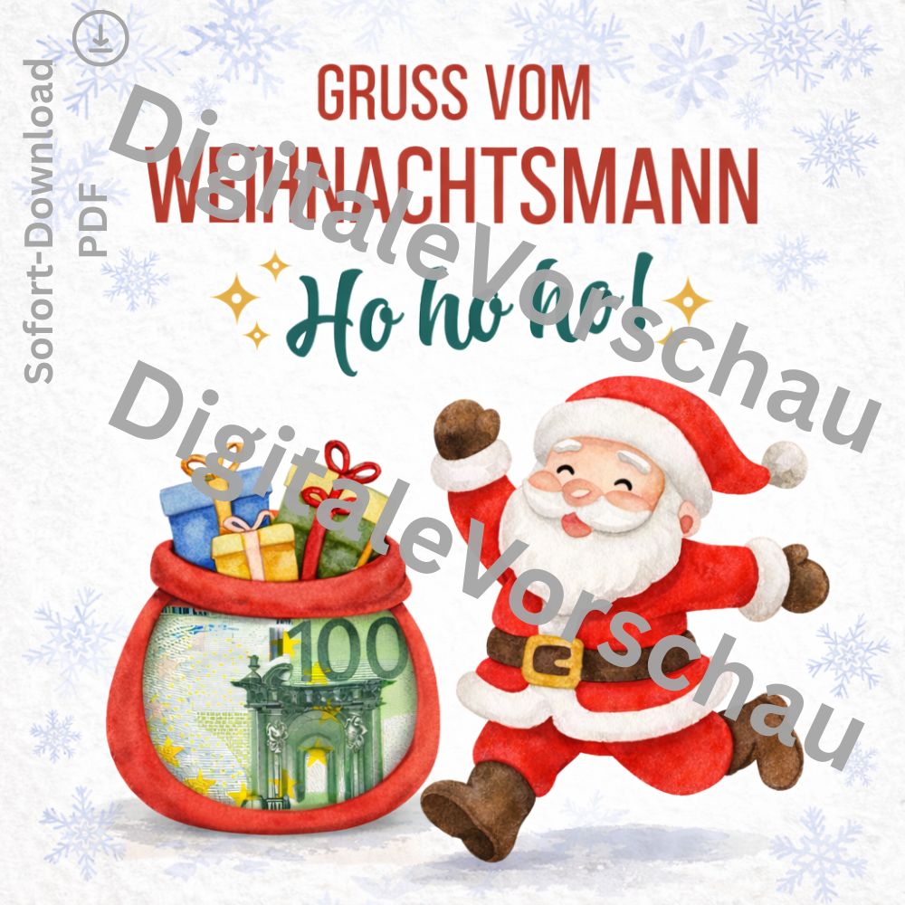 Geldgeschenk Weihnachten mit Weihnachtsmann Motiv als A4 PDF Download im Holzrahmen dekoriert