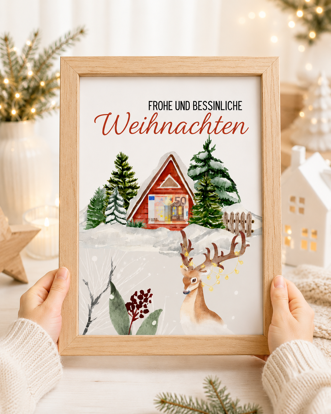 Geldgeschenk zu Weihnachten im Winterhaus-Design als PDF zum Ausdrucken im Holzbilderrahmen – originelles Last-Minute-Weihnachtsgeschenk.