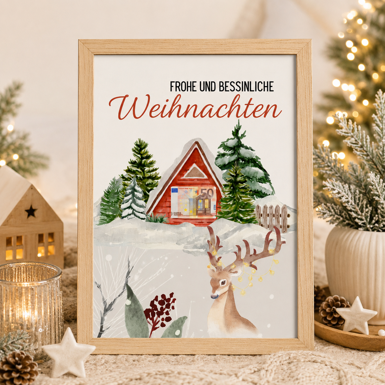 Person überreicht ein Geldgeschenk zu Weihnachten im Holzbilderrahmen mit Winterhaus-Design – persönliche Geschenkidee als PDF zum Ausdrucken.