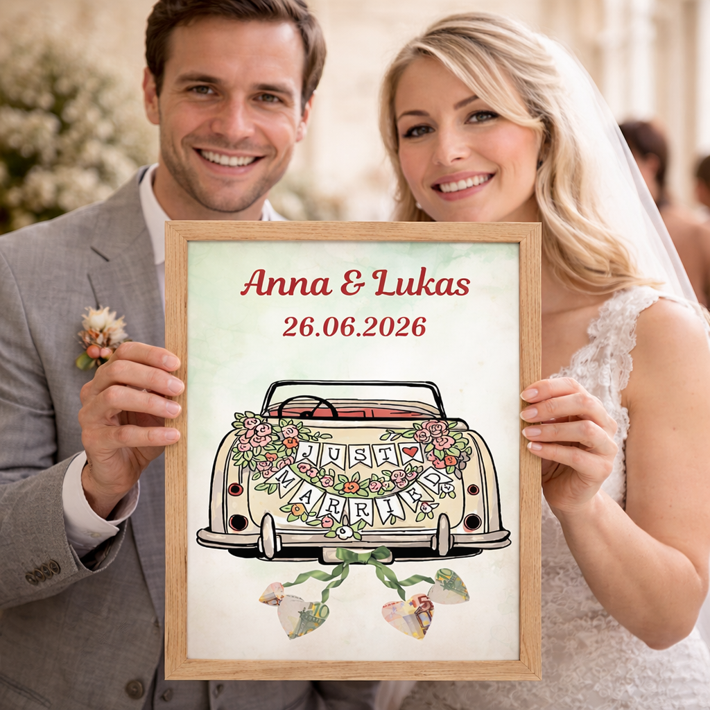 Personalisierte Hochzeitskarte als Geldgeschenk wird vom Brautpaar freudig entgegengenommen