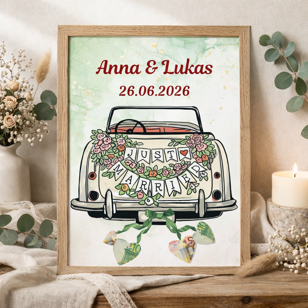 Personalisierte Hochzeitskarte als Geldgeschenk im A4 Rahmen mit Namen und Datum für das Brautpaar