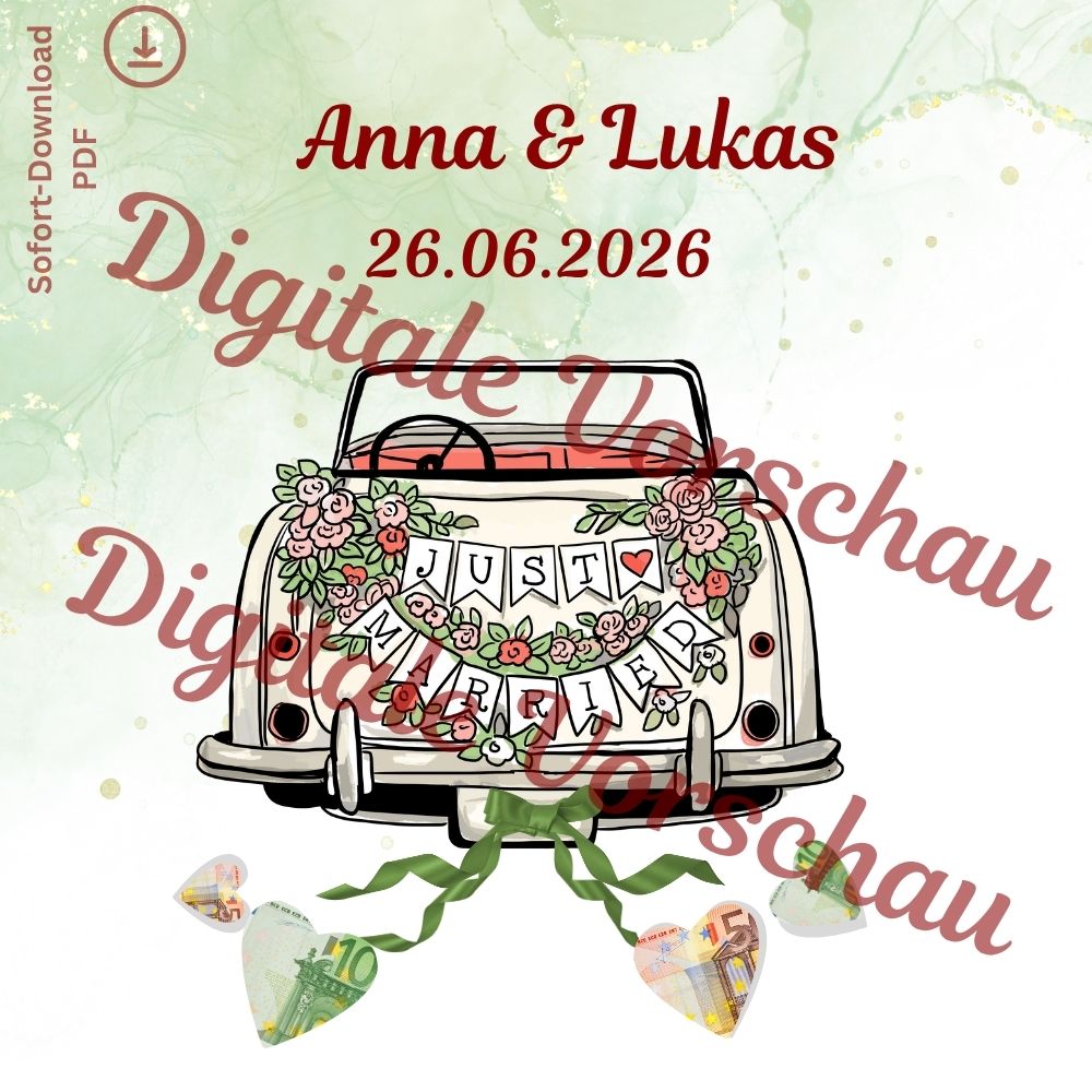 Hochzeitskarte personalisiert mit Namen und Hochzeitsdatum als kreatives Geldgeschenk