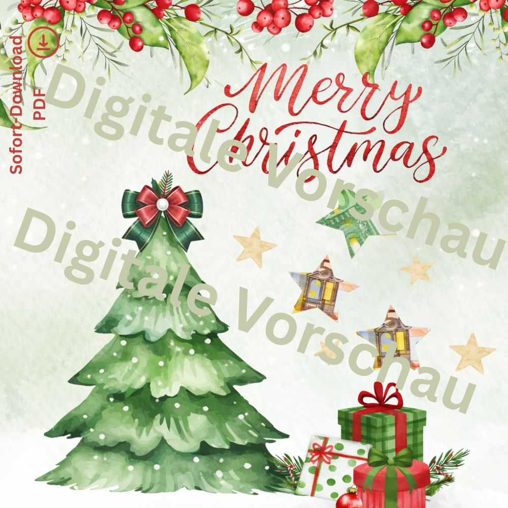 Weihnachts Geldgeschenk digitale vorlage A4 PDF mit Aquarell Weihnachtsbaum und Sternen
