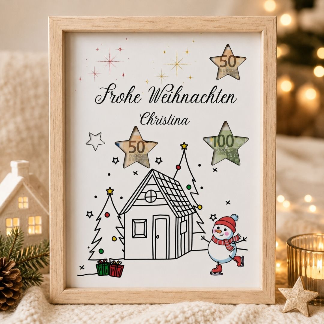 Weihnachtskarte mit Schneemann und Geldscheinen als kreative Geschenkidee zu Weihnachten
